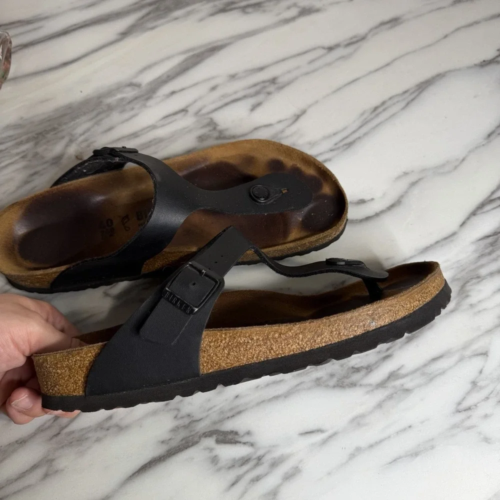Birkenstock Gizeh Womens Leather Sandals Black Thong Birkoflor Size 40 US 9 Cork